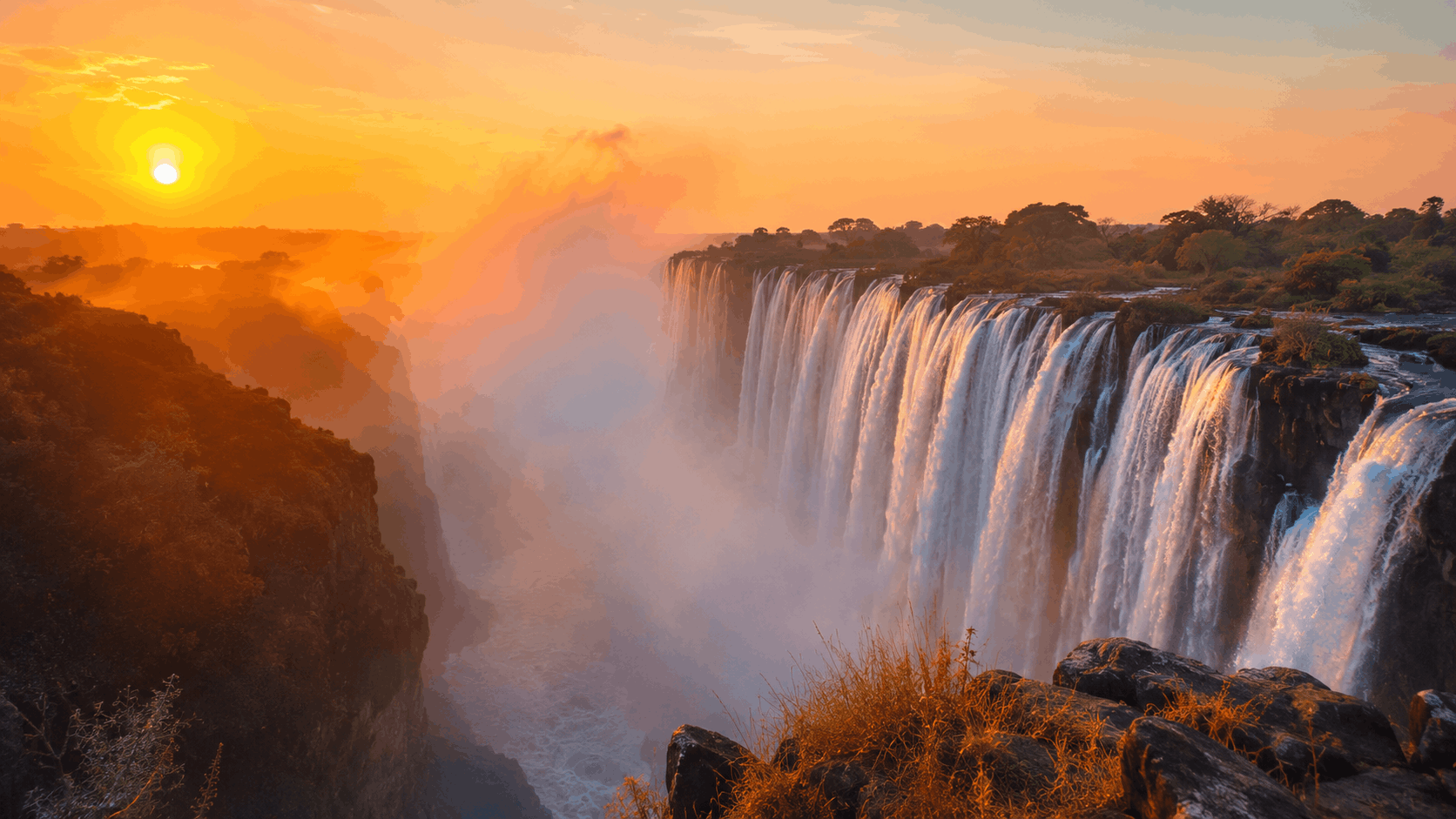 Victoria Falls gorge and waterfall at golden hour