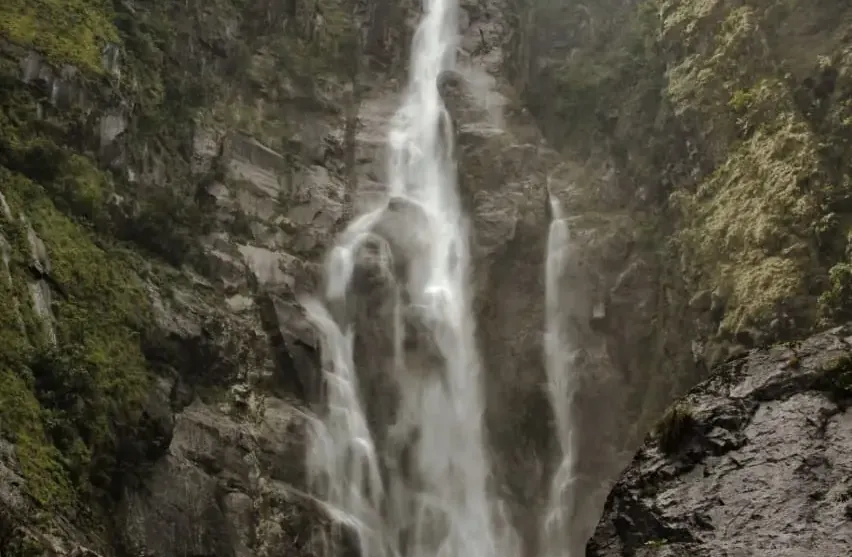 Tall waterfall descending between forested cliffs