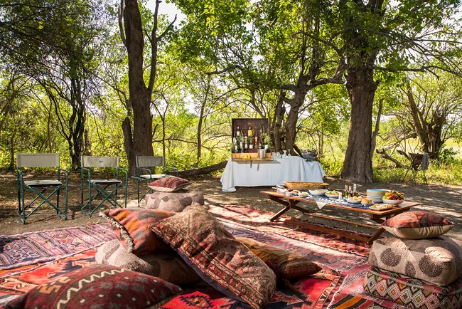 Picnic blankets and a table set beneath trees in the bush