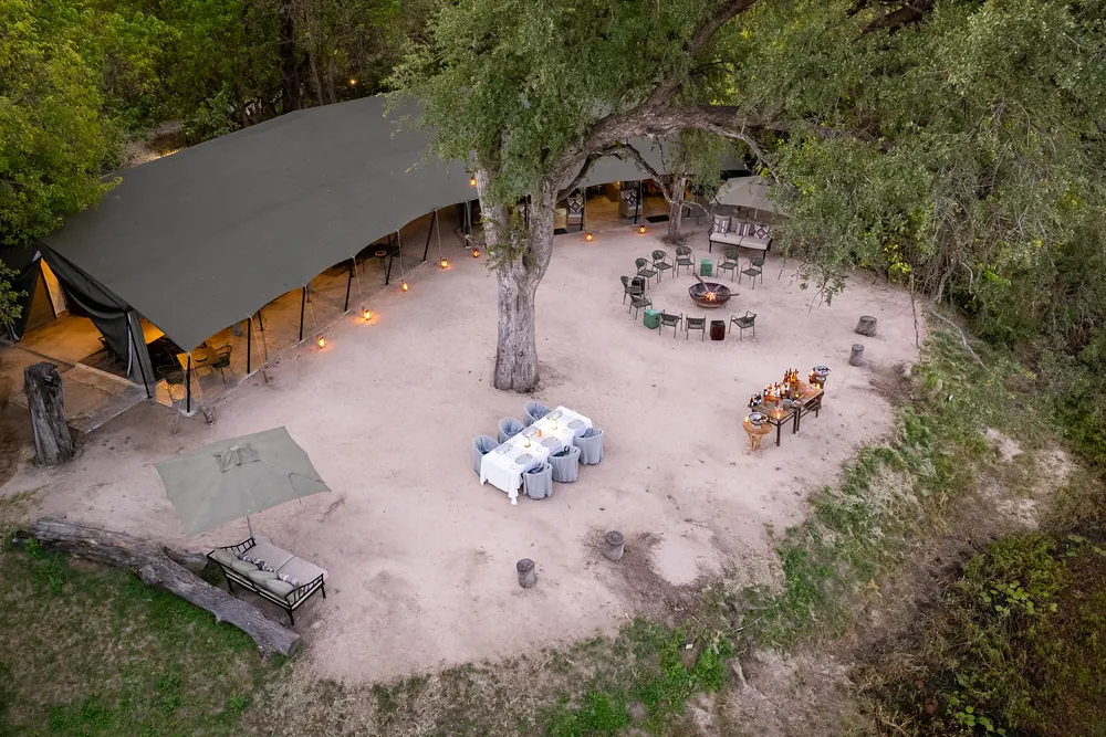 Aerial view of a safari camp in the Okavango Delta